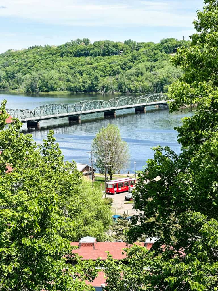 views of the scenic st. croix river and the stillwater lift bridge and Stillwater trolley car