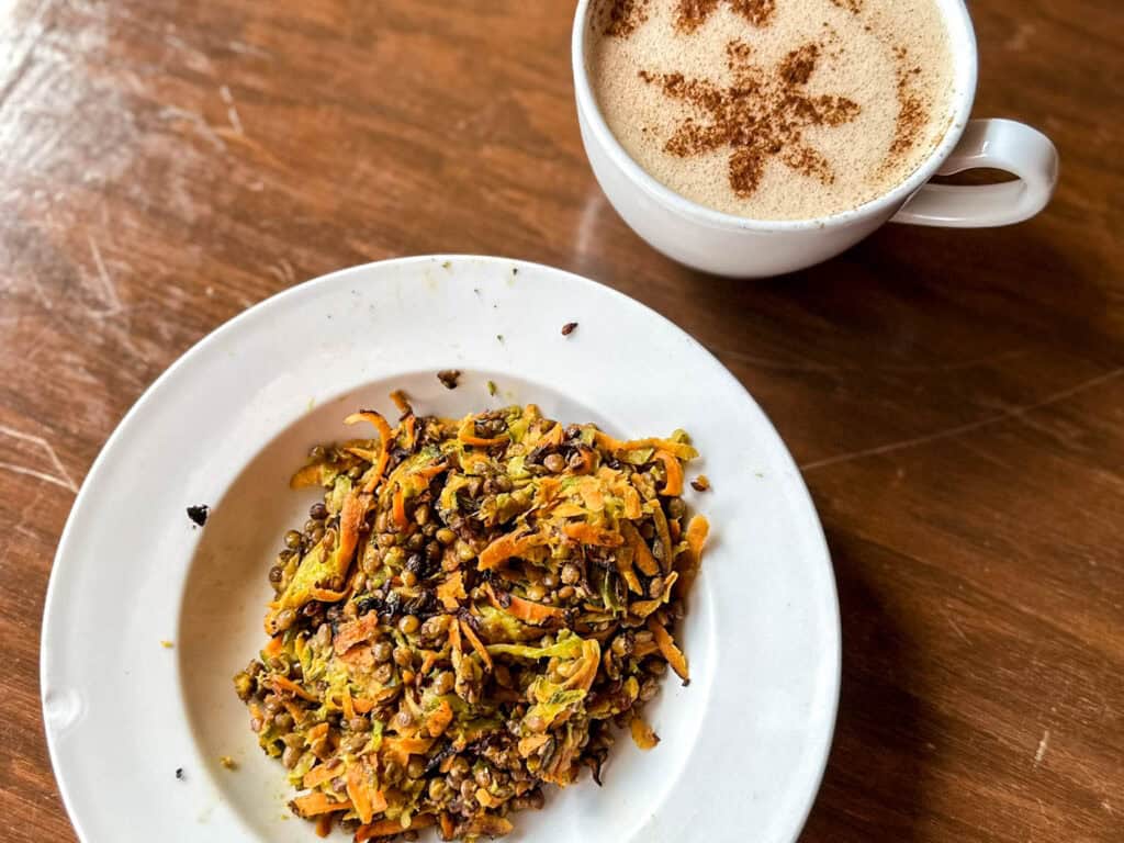 veggie hash and vegan chai latte at mon petit in stillwater mn