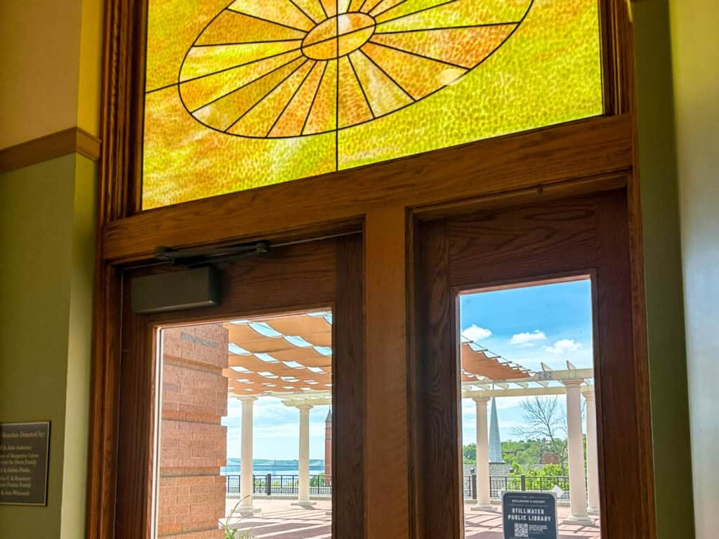 stained glass at Stillwater Public Library overlooking terrace