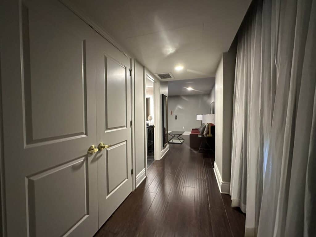 long hallway in hotel suite at The Warrior Hotel in Sioux City