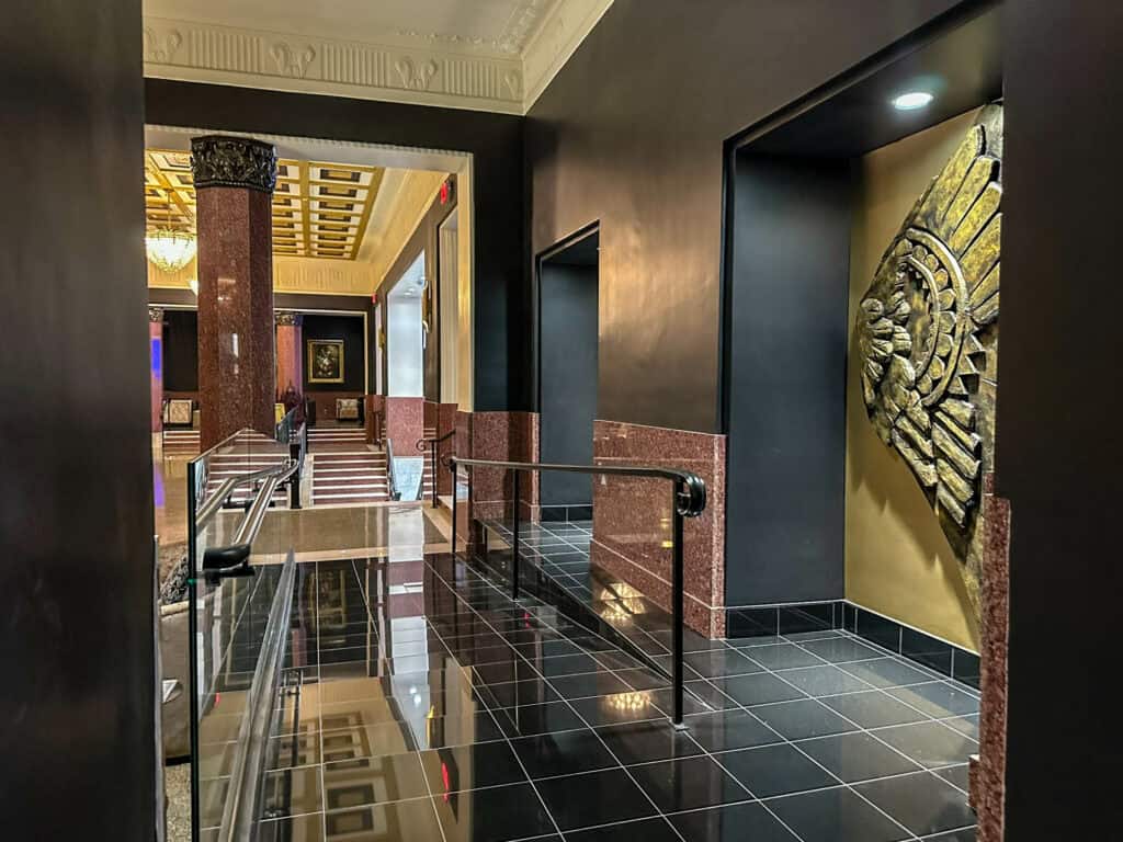 Lobby at the Warrior Hotel in Sioux City, showcasing restored Art Deco design