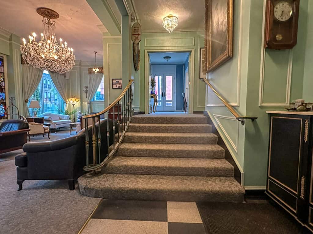 staircase off lobby at Lowell Inn, Stillwater, MN