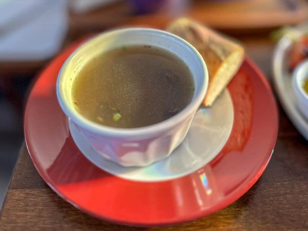 Hearty mushroom barley soup prepared as a vegan option at Casting Whimsy tea room in Woodstock Illinois