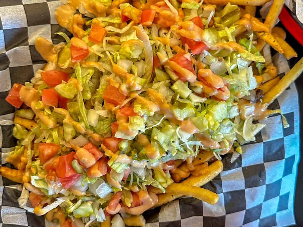 loaded vegan animal fries at Francis Burger Joint 100% vegan restaurant in Minneapolis