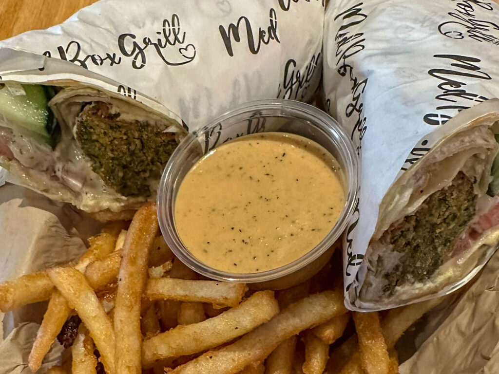 falafel wrap and fries from Med Box Grill in Chanhassen, MN