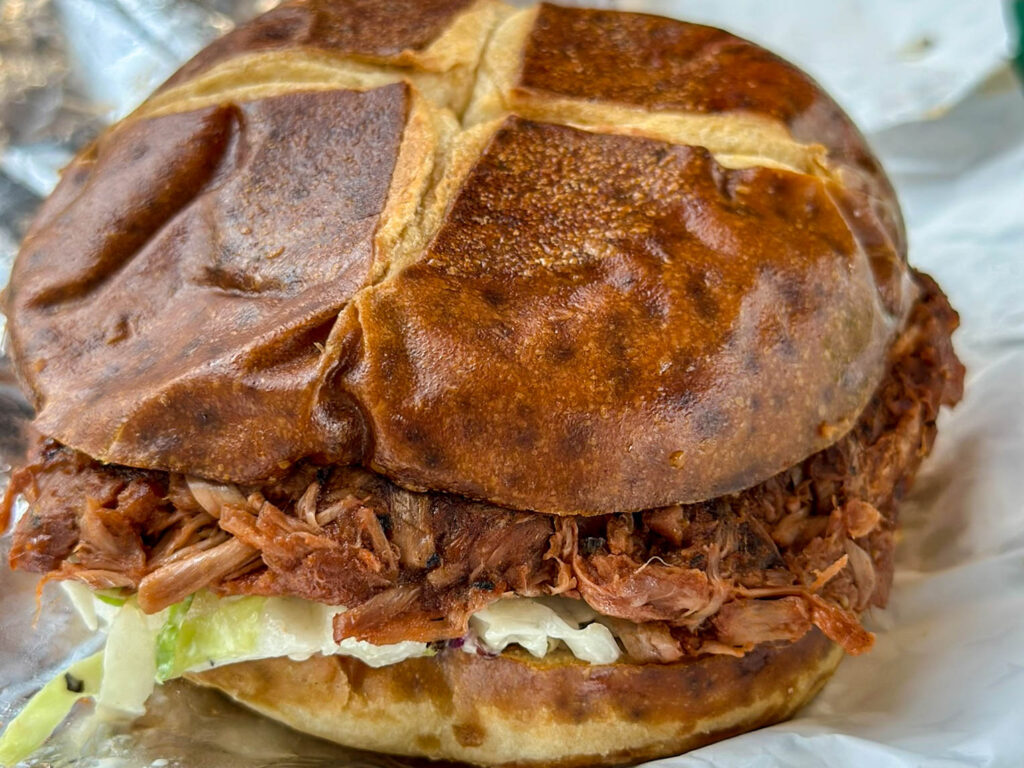 Pretzel jack Stack vegan sandwich at WELLS Roadside in St. Louis Park, Minnesota